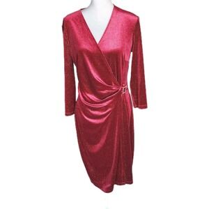 ANNE KLEIN Red Dress Womens 12 Sparkle Faux Wrap Rhinestone Buckle Cocktail Xmas